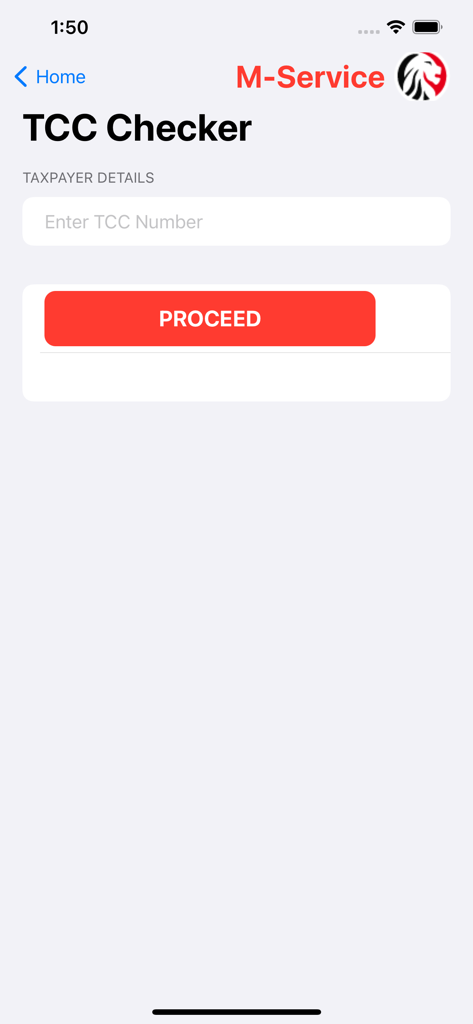 Capture d'écran de l'écran de vérification de TCC dans l'application mobile KRA M-Service