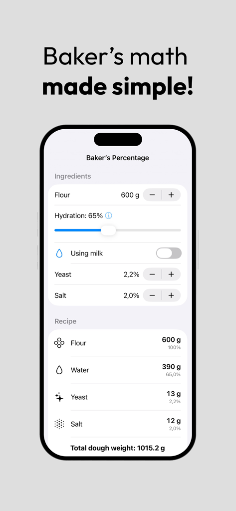 Interfaz de la aplicación Porcentaje de Panadería que muestra los cálculos de hidratación de harina y peso de ingredientes para hornear pan