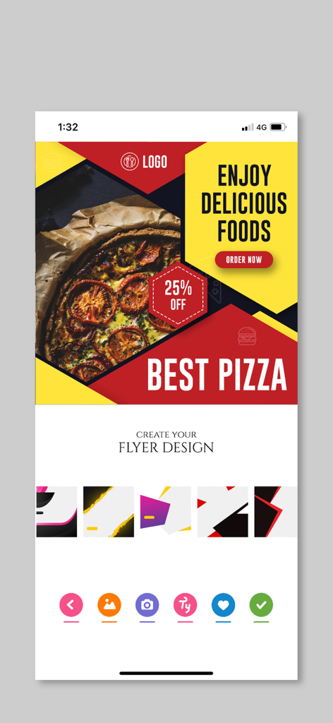 Poster Maker - Flyer Creator - A mobile app interface displaying a professional pizza advertisement flyer being designed with geometric elements and editing tools