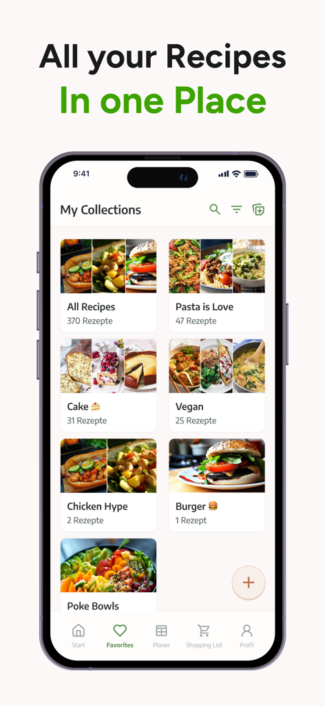 Interfaz de recetario digital mostrando colecciones organizadas de recetas para pasta, veganas y más
