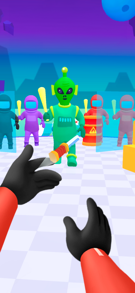 Vista en primera persona lanzando un cuchillo a un enemigo alienígena verde en Hit Master 3D