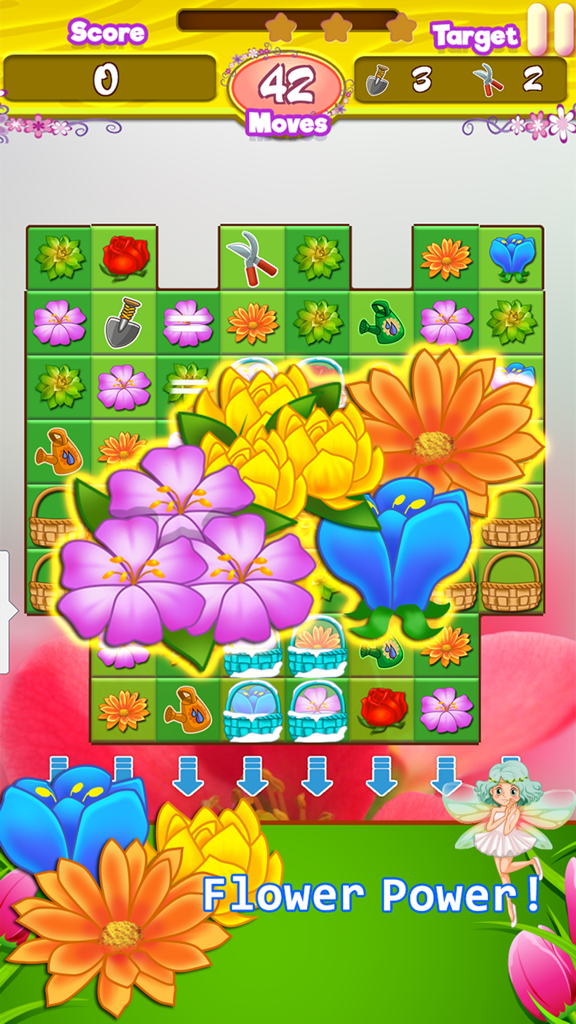 Blossom Garden - Free Flower Blast Match 3 Puzzle - Puzzle match 3 de Blossom Garden apresentando explosões de poder de flor e níveis de jardim coloridos