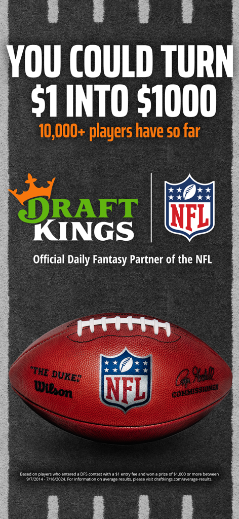 DraftKings NFL daily fantasy sports advertisement featuring an official Wilson football and a prize offer to turn one dollar into one thousand dollars.