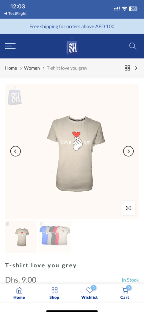 SH Shopping - Product page in the SH Shopping app featuring a grey t-shirt with a hand heart graphic