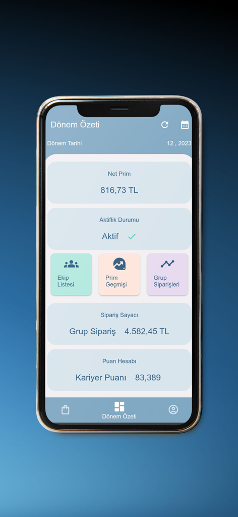 Ersağ - Ersağ app screen displaying net premium, activity status, and career points