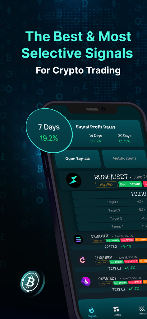 Crypto Signals - Trading Alert - A mobile app interface displaying selective crypto trading signals and percentage profit rates for different time periods.