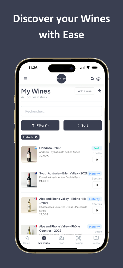 Viniou app interface showing wine collection with aging status and maturity levels