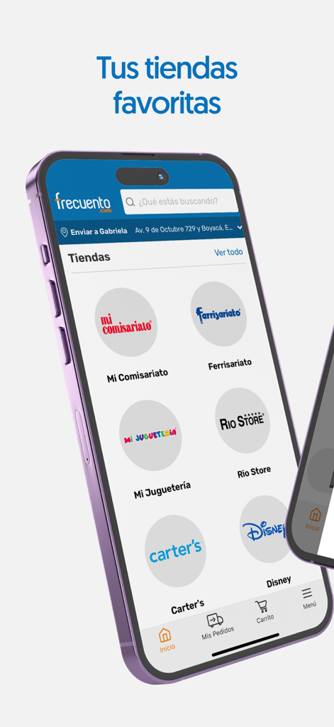 Frecuento - Tela do celular mostrando a seleção de lojas do aplicativo Frecuento com Mi Comisariato e Ferrisariato