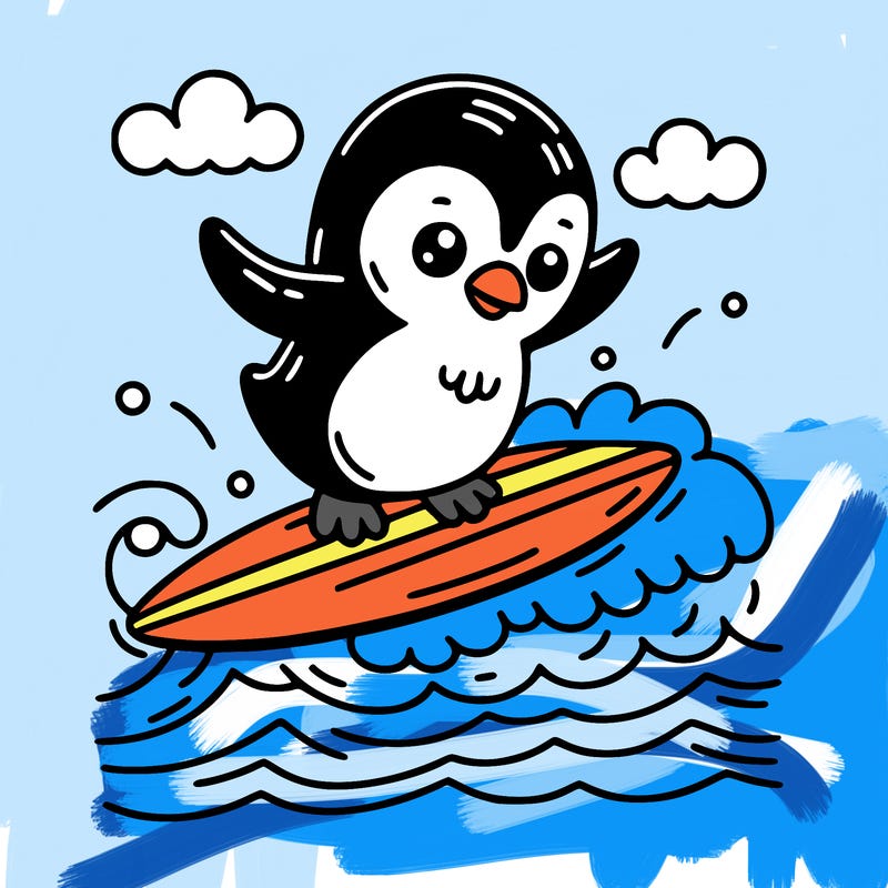 penguin surfing on ocean waves