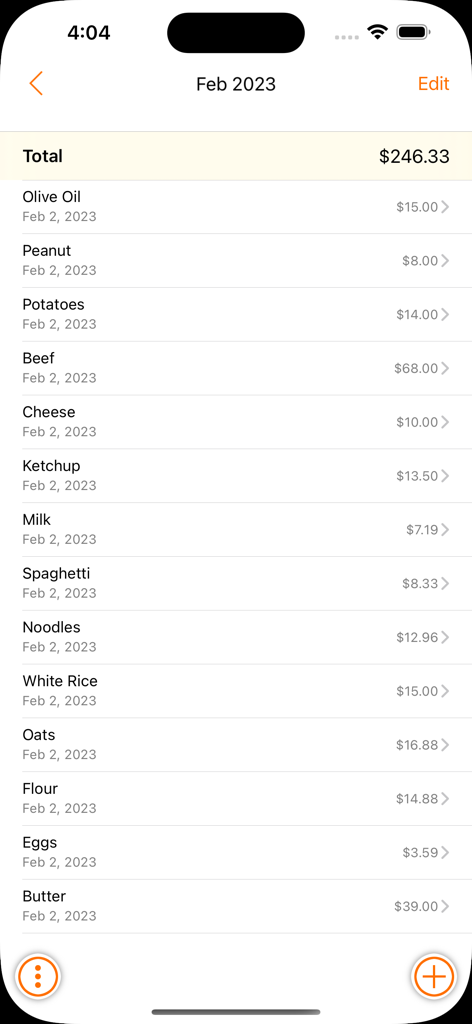 A list of household grocery expenses and their costs within the Simple Family Accounting app interface