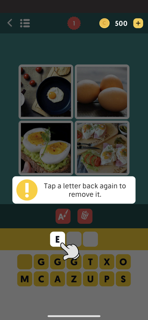 A level in the Word Picture game showing four images of eggs and a puzzle to solve the three letter word