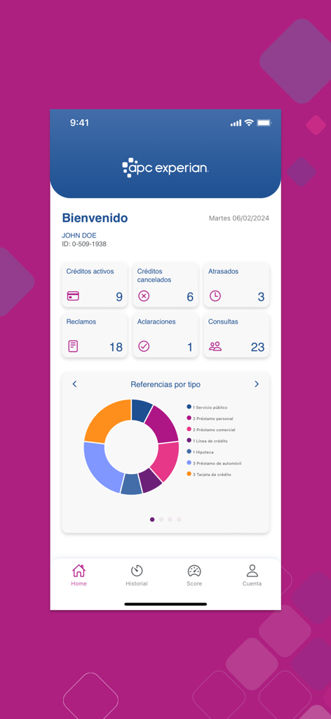 APC Experian mobile app home screen showing credit summaries and a donut chart of credit types