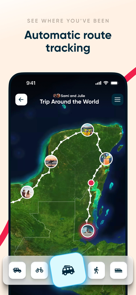 Polarsteps app displaying automatic route tracking on a world map with photo markers and transportation icons