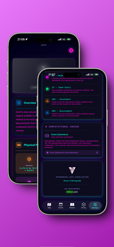 Astro-Cartography - 惑星データと設定を示すアストロ・カルタグラフィーアプリのインターフェースを表示する2つのスマートフォン画面。