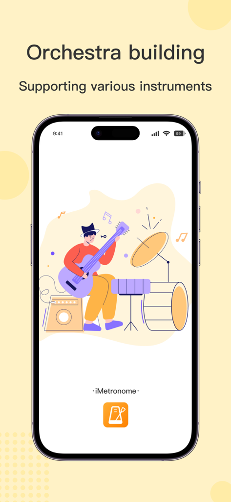 iMetronome - Tap Beat & Tempo - iMetronome app splash screen highlighting orchestra building and support for various musical instruments.
