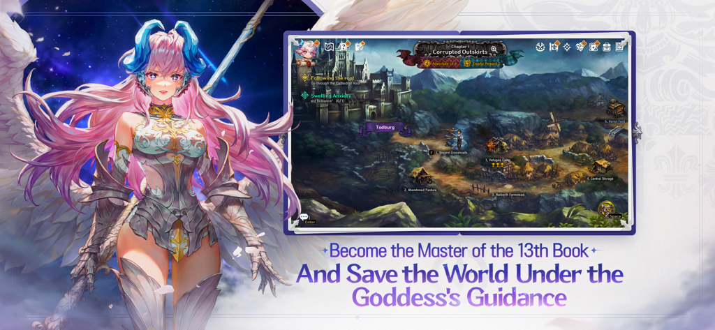 ASTRA: Knights of Veda - Personaje de diosa alada de estilo anime y mapa táctico del mundo en ASTRA Knights of Veda