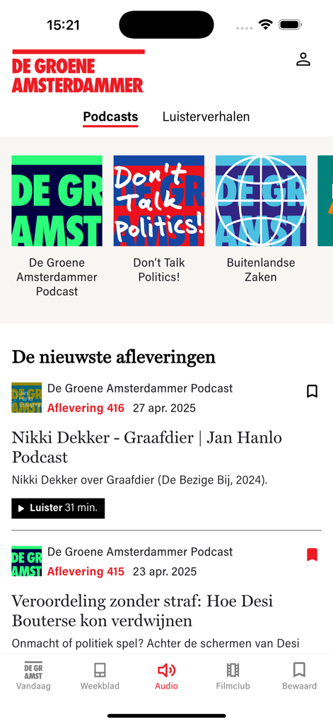 Podcast interface of De Groene Amsterdammer app showing several podcast series and the latest audio episodes