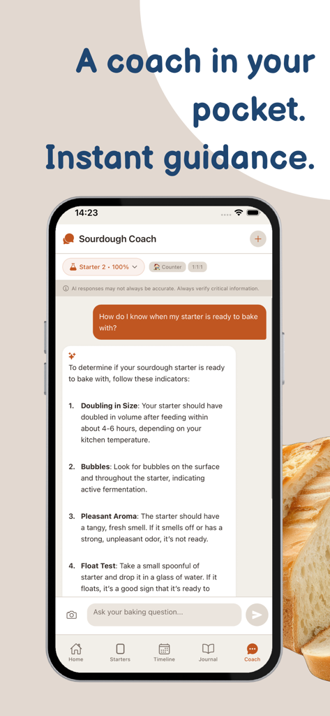 Sourdough Forge: Starter - Sourdough Forge app AI Coach interface providing instant guidance on starter readiness and baking tips
