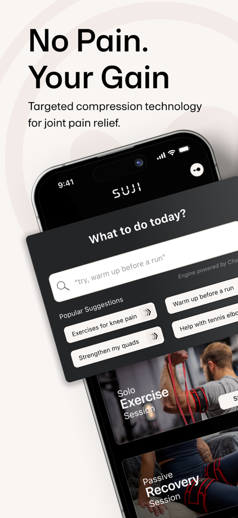 Suji app interface showing targeted compression exercises for joint pain relief and recovery sessions