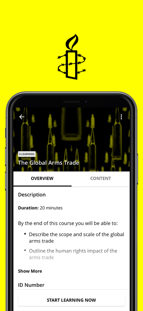 Tela de visão geral do curso sobre O Comércio Global de Armas na Academia de Direitos Humanos da Anistia, aplicativo móvel.