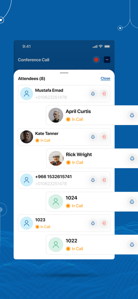 Bevatel Call Center - Bevatel Call Center app screen displaying a list of eight conference call attendees