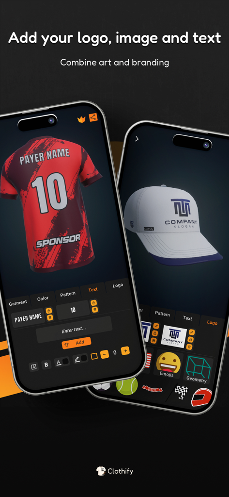 Clothify - Diseña ropa en 3D - Dos iPhones mostrando la interfaz de la aplicación Clothify con diseños 3D para una camiseta deportiva y una gorra de béisbol con marca