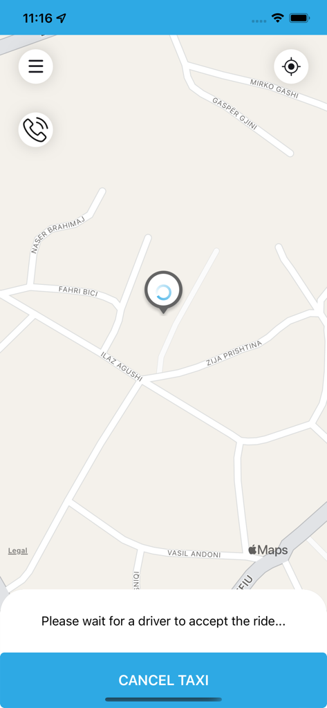 Blue Taxi - Interface of the Blue Taxi app showing a map and a notification to wait for a driver to accept the ride