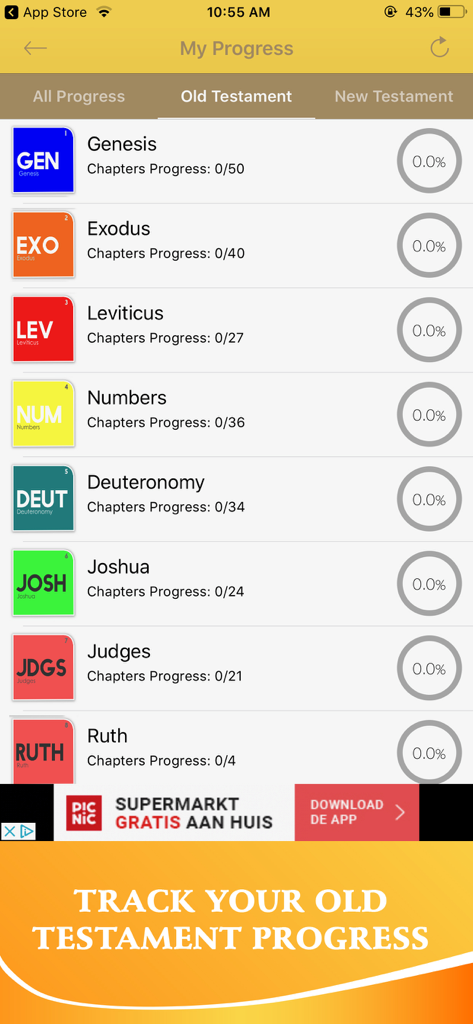 Bible In Basic English - BBE - Una captura de pantalla de la aplicación Biblia en Inglés Básico que muestra el rastreador de progreso de lectura para libros del Antiguo Testamento como Génesis y Éxodo.