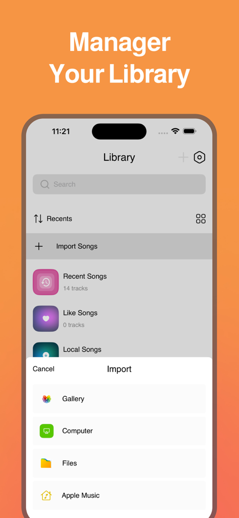 Muzi X - Music Video Streaming - Muzi X app screen showing the library management interface with options to import songs from gallery computer files and Apple Music.
