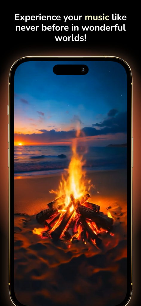 Color Lights Flashing - A smartphone screen displaying a calming beach campfire mood light visualizer from the Color Lights Flashing app