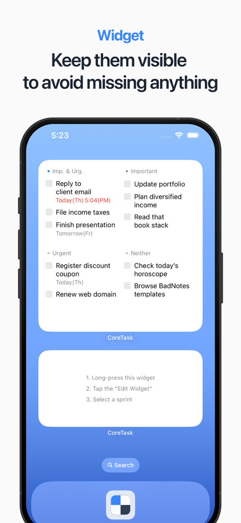CoreTaskモバイルアプリウィジェット。iPhone画面に4象限のアイゼンハワー・マトリックスで優先順位付けされたタスクを表示。