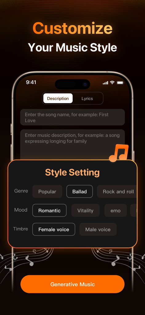 AI Songs & Music Maker：TuneMe - AI music generator app interface for customizing song genre mood and voice
