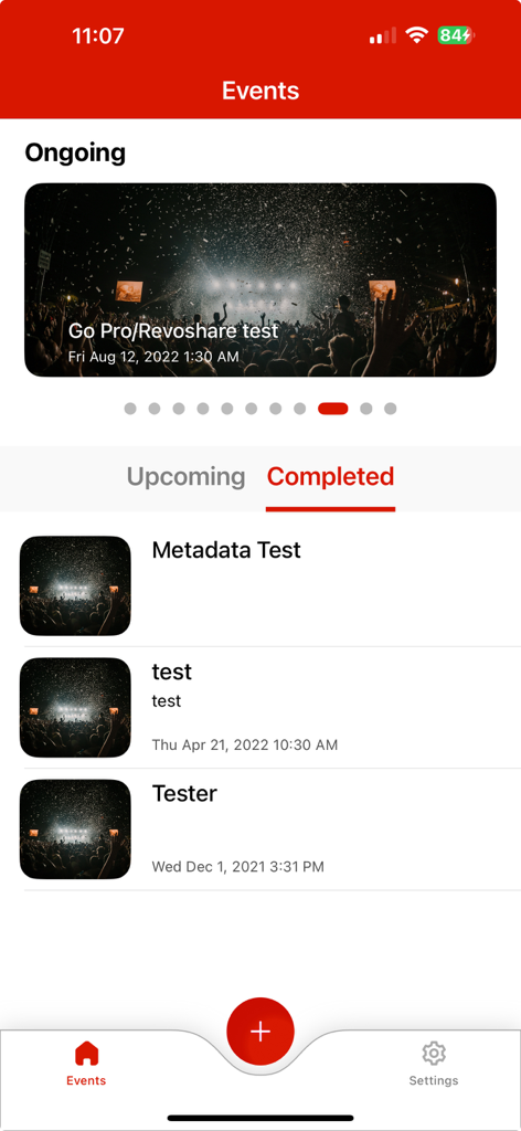 Interface of the RevoSpin 360 app showing a list of ongoing and completed events for a photo booth business.