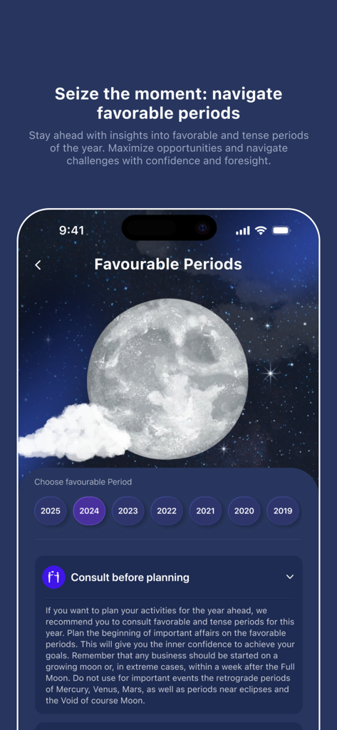 Capture d'écran de l'application Moon Days Calendar montrant les périodes favorables et les conseils de planification lunaire.