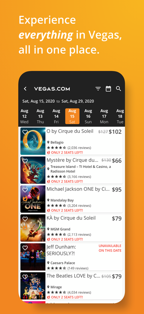 Vegas.com - Vegas.com 앱 인터페이스에 가격 및 리뷰와 함께 이용 가능한 라스베이거스 쇼 티켓 목록 표시