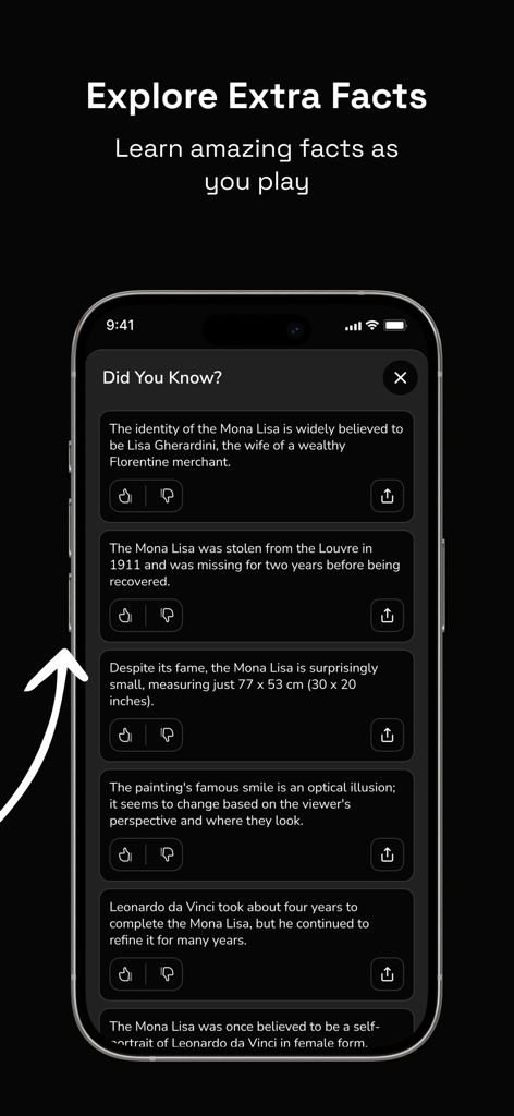 A mobile app interface showing various trivia facts about the Mona Lisa under a Did You Know section