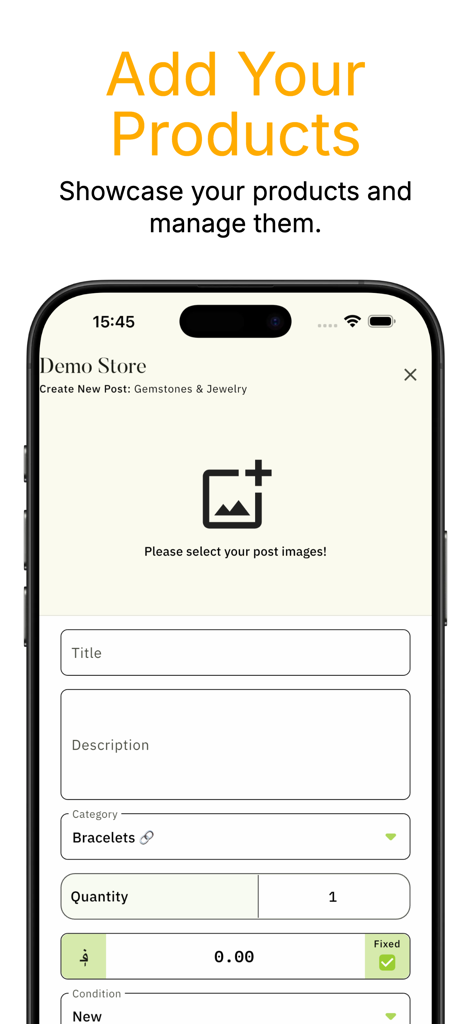 Khanagi - Der Bildschirm zur Erstellung von Produktlisten in der mobilen Khanagi-App, damit Verkäufer Artikel hinzufügen und verwalten können.