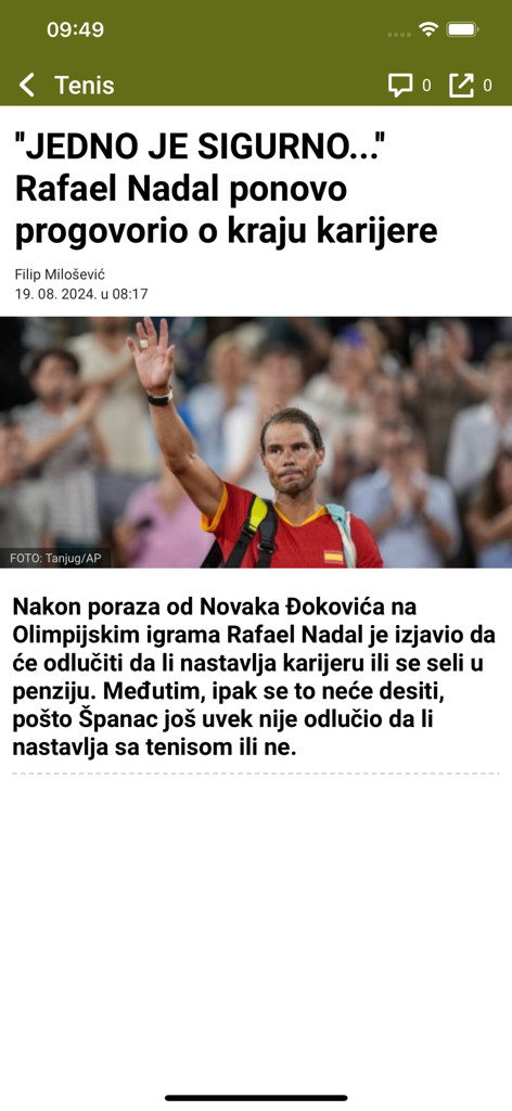 Večernje Novosti - Un article d'actualité sportive sur Rafael Nadal dans l'application Vecernje Novosti.