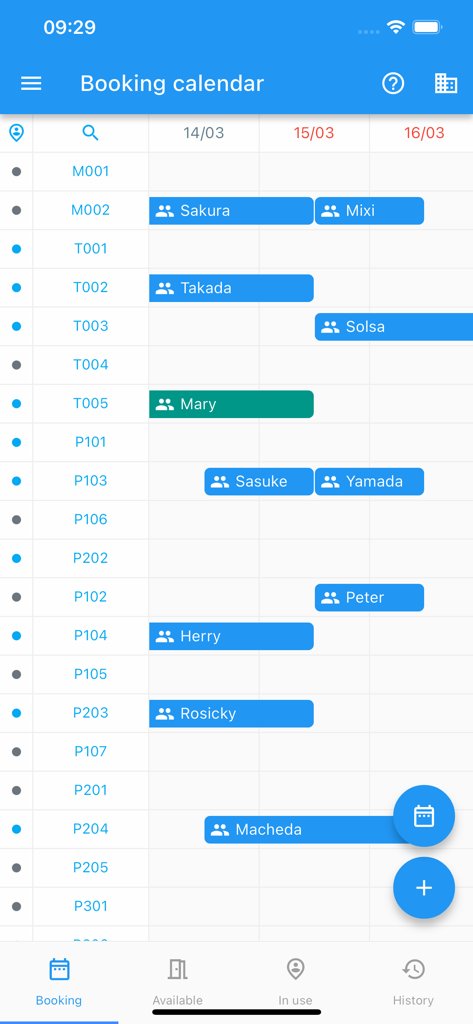 AzHotel App Buchungskalender-Bildschirm mit Zimmerverfügbarkeit und Gästereservierungen