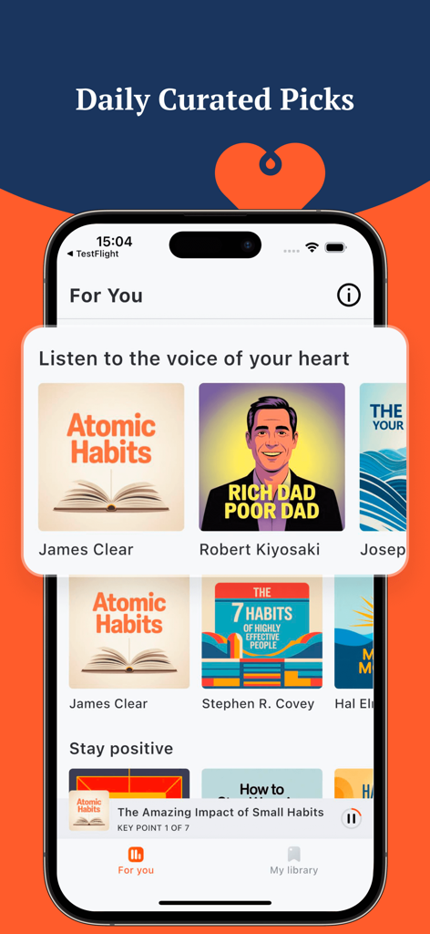 BookCast: 15-Minute Insights - BookCast app interface displaying curated nonfiction book summaries including Atomic Habits