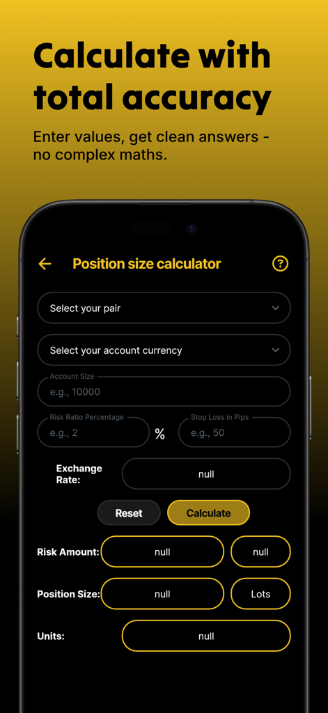 ForexView - Interfaccia dell'app mobile ForexView che mostra una calcolatrice professionale per la dimensione della posizione per un trading forex accurato con tema scuro e accenti dorati.