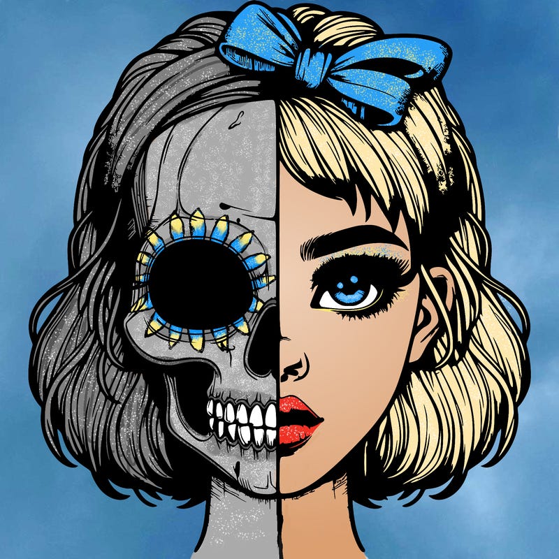 realistic girl with half skull mask