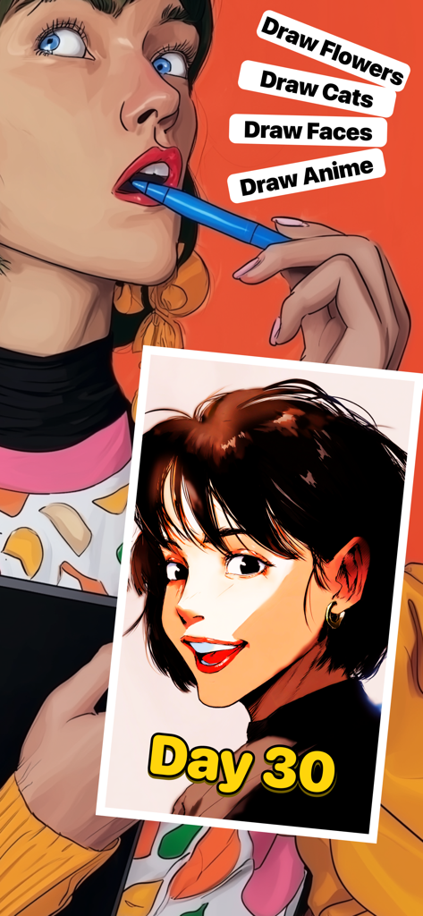Dro: Learn How to Draw & Focus - Dro app showing drawing categories for faces and anime with a 30 day progress image