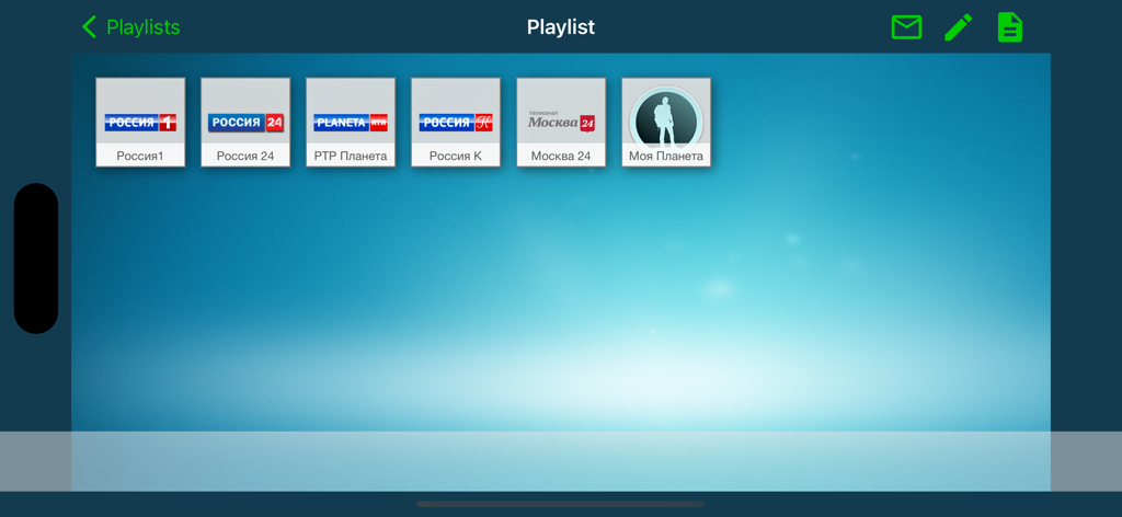 Captura de pantalla de la aplicación Russian TV Box mostrando una lista de reproducción de canales de TV rusos como Russia 1 y Russia 24
