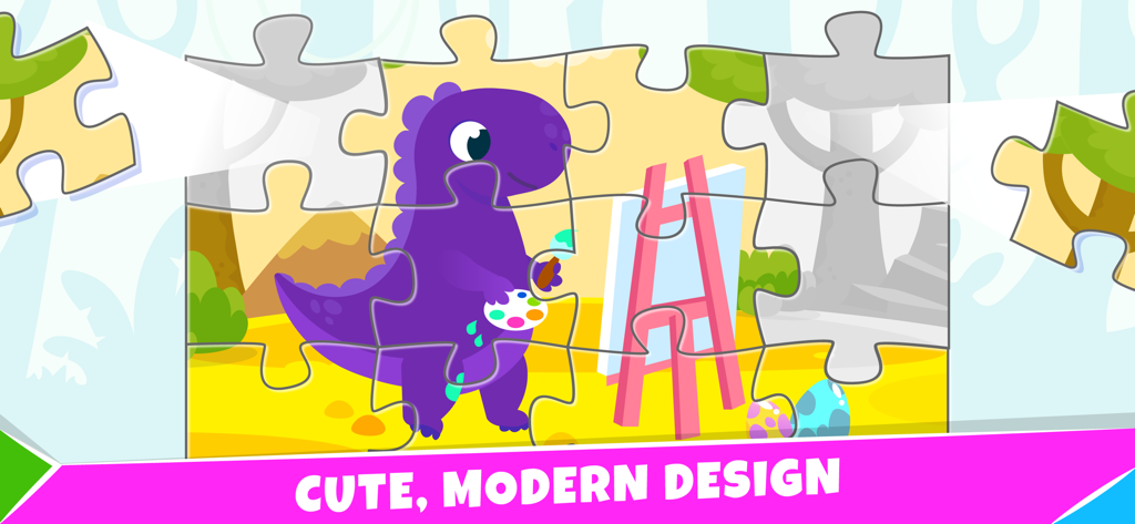 Preschool learning kids games - A purple dinosaur painting on an easel in a jigsaw puzzle for kids