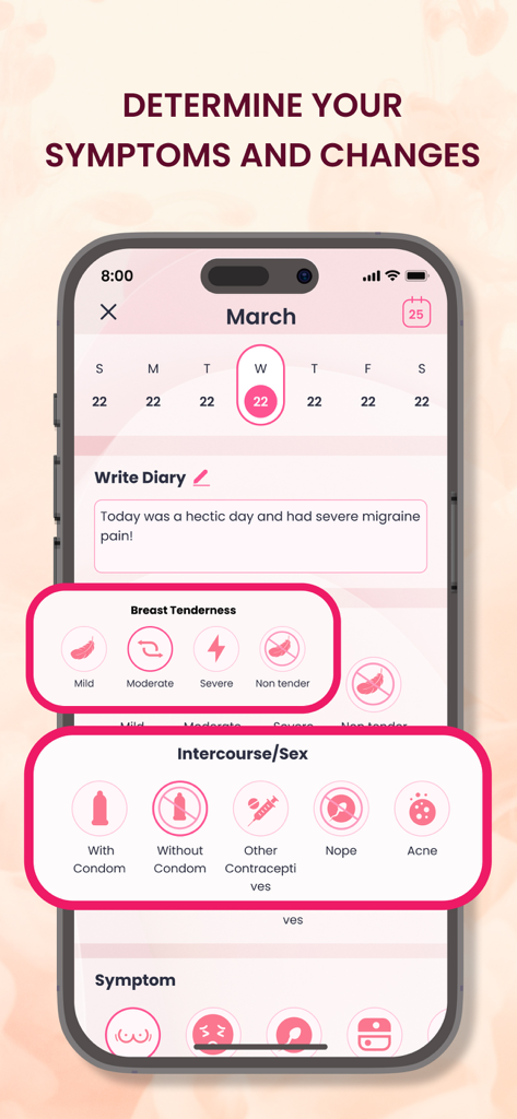 Ovulation & Fertility Tracker - Tela de smartphone mostrando um log de sintomas de aplicativo de fertilidade e um diário de atividade diária.
