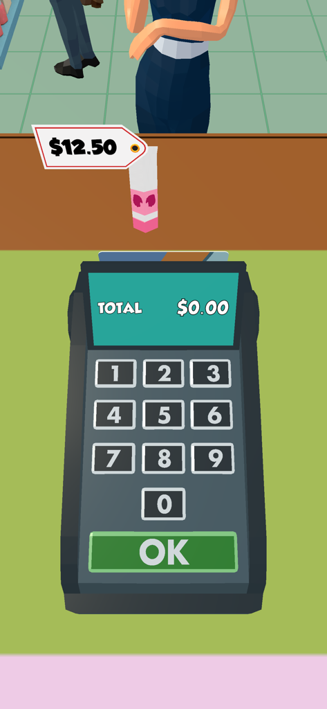 Gameplay screenshot of Cashier 3D showing a credit card payment terminal and a price tag