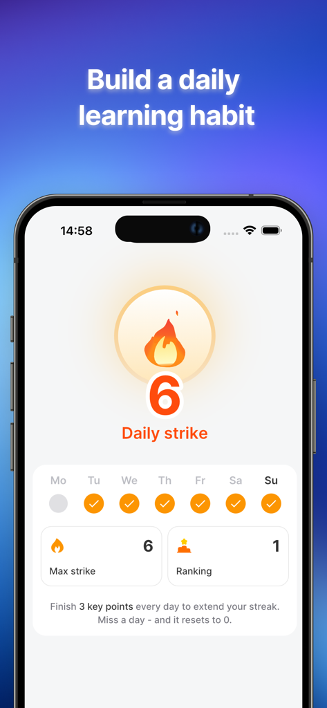 Pantalla de la aplicación móvil Tingla que muestra un rastreador de racha de hábitos de aprendizaje diario de 6 días con un icono de llama.