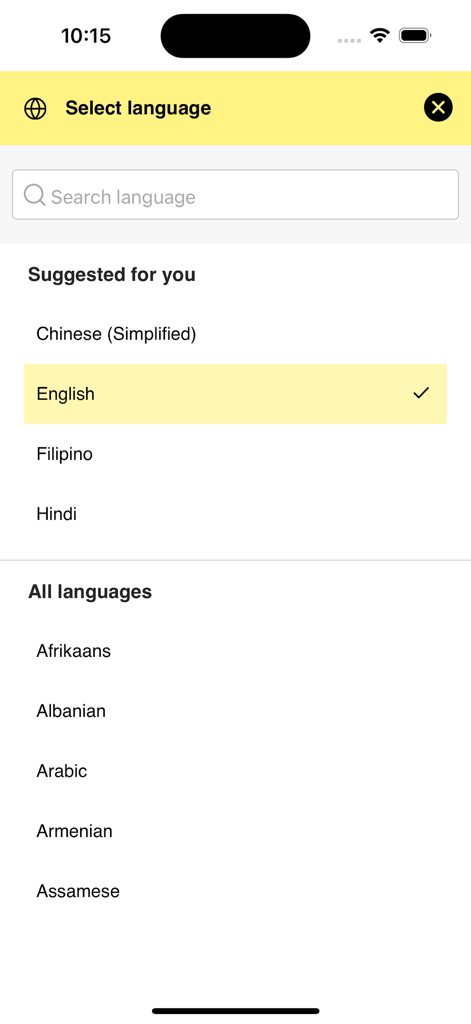 Language selection screen in the DT Driving Tests Theory app