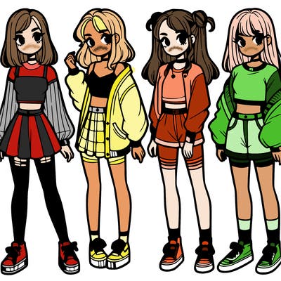 one girl with crop-top shirt and a jacket with a skirt, long socks and another girl with a shirt and pants with a jacket